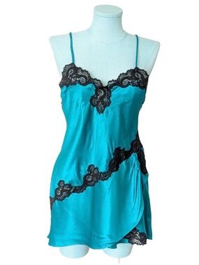 Vintage Gold Label Victoria Secret Teal Lace Trim Slip Nightdress